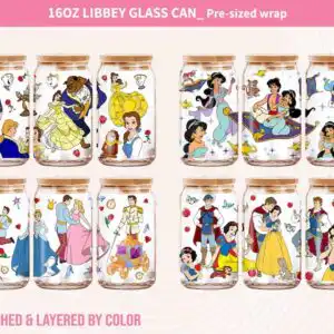 Pink and pale peach wrap sheet with Belle, Aladdin, Cinderella and Snow White panels for a 16oz glass can