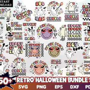 Retro Halloween bundle collage with cartoon ghosts, witch hats, pumpkins and Let's Go Ghouls lettering