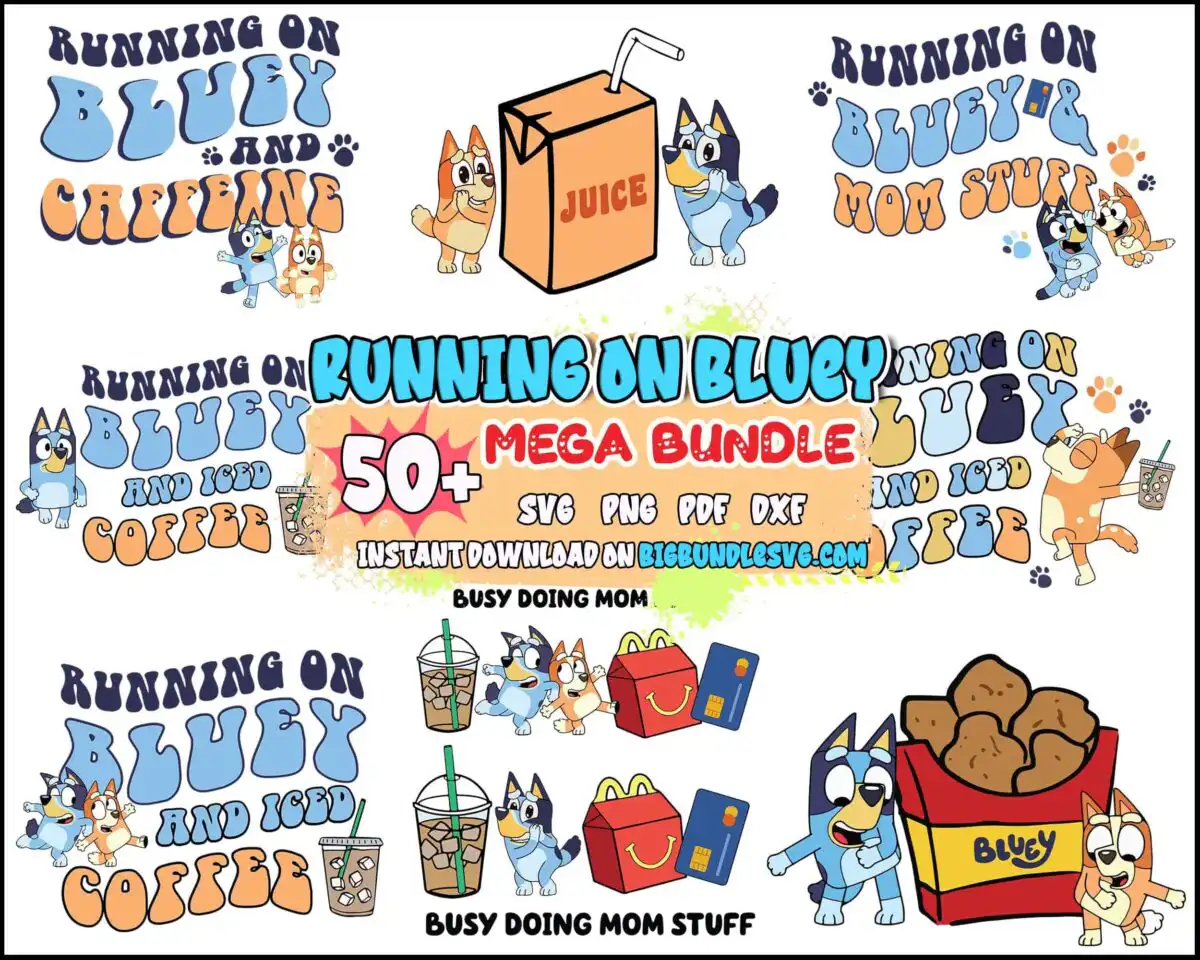 runningonbluey50_svg1.jpg 50+ Running on Blue Dog & Iced Coffee With Matching Pocket SVG Bundle, Iced Coffee Svg, Mom Life svg png eps dxf, Digital Download