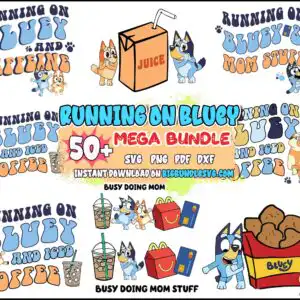 runningonbluey50_svg1.jpg Collage preview sheet of retro wavy Bluey mom coffee sayings with cartoon dogs and iced coffee cups