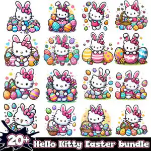 rabbithellokittyeasterbundle.jpg Grid of 16 white kawaii cat-like characters with pink bows and bunny ears among Easter eggs and baskets