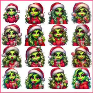 Grid of green festive cartoon girls with red Santa hats holding lollipops and iced drinks