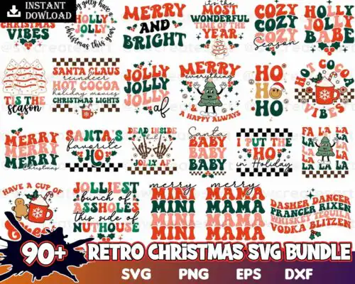 90+ Retro Christmas bundle, Christmas digital bundle, Designs bundle in 4 formats SVG, PNG, EPS, DXF formats, Digital files