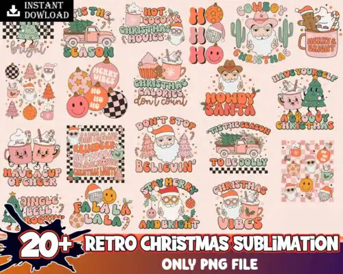 20+ Retro Christmas bundle, Christmas digital bundle, Designs bundle in PNG formats, Digital files