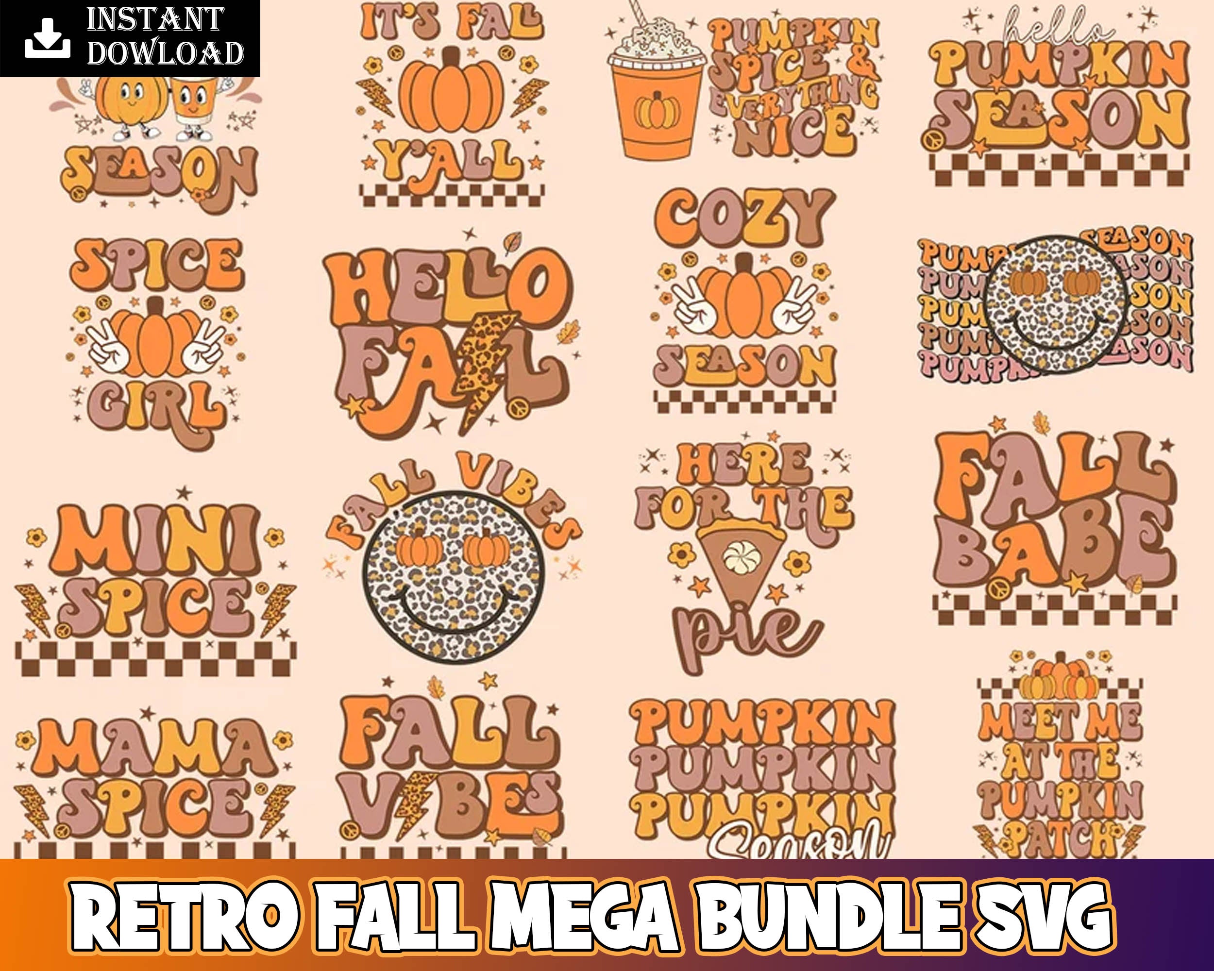 Retro Fall bundle, Autumn digital bundle, Retro Designs bundle in SVG formats, Digital files