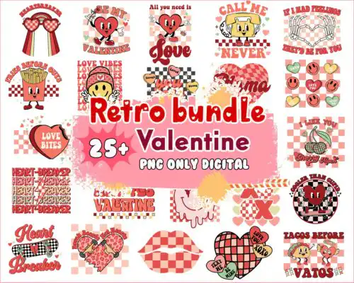 Version 2 - 25+ Retro Valentines Day bundle, Valentine sublimation PNG, Digital Design Download