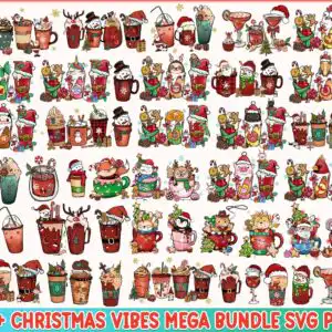 retrochristmasbundlecrm021122075.99.jpg Grid of cartoon Christmas decorated beverage cups, mugs and glasses with Santa hats and snowflakes