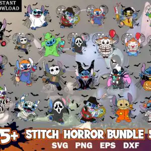 Collage of small blue alien creature in horror costumes with spider webs and pumpkins