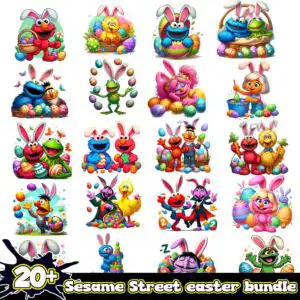sesamestreeteasterpngbundle.jpg Easter bundle of 20 Sesame Street PNG Characters in white and pink bunny ears with eggs and baskets