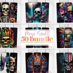 skullbundle20ozskinnytumbler5.99.jpg Preview sheet of nine skull-themed 20 oz tumbler wraps in navy, pink, golden yellow and teal, with Mega Skull lettering