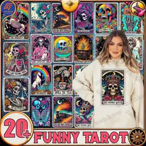 snarkyfunnytarotcardbundle.jpg Grid of snarky funny tarot cards with skeletons and bold phrases like The Audacity