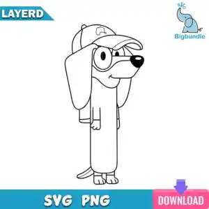 snickersoutlineblueysvg.jpg Outline line art of cartoon dachshund dog wearing baseball cap with Australia map and glasses