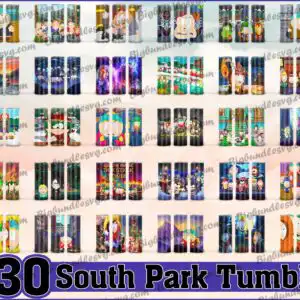 South Park cartoon collage preview showing 30 tumbler wraps with royal blue banner