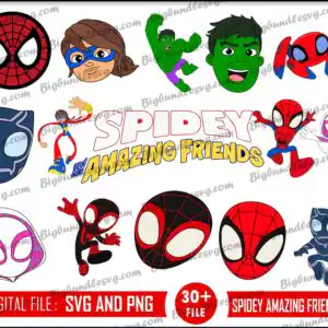 spideyandhisamazingfriends.jpg Collage of Spidey and His Amazing Friends characters, masks and text logo in red blue and green
