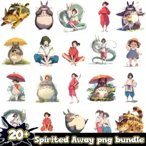 spiritedawaypngbundle.jpg Grid preview sheet of stylized fantasy characters with large grey furry creatures and striped cat bus