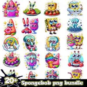spongebobpngbundle.jpg Kawaii SpongeBob SquarePants characters with donuts and milkshakes in yellow and pink on white