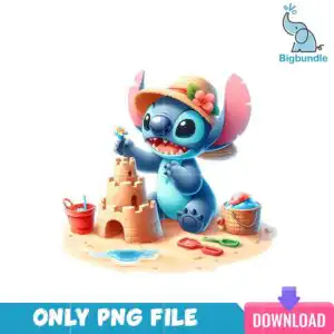 springsummerstitch_43.png Stitch blue alien wearing straw hat with pink flower building sandcastle on beach