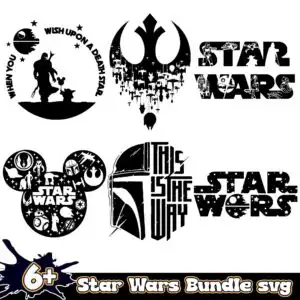 starwarsbundlesvg6.jpg Six black silhouette Star Wars designs on a white background, including the Death Star, Darth Vader and a Stormtrooper.