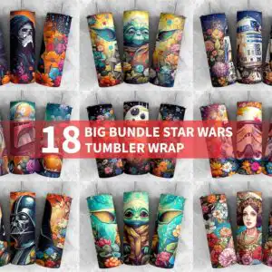 starwarstumblerbundle5.99.jpg Preview sheet of 18 Star Wars tumbler wraps with floral-filled Darth Vader, Yoda, R2-D2 and BB-8 designs on navy