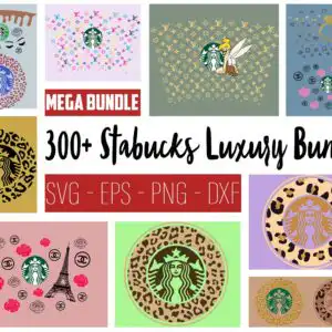 Starbucks siren logo collage with Chanel badges, LV monogram and leopard print designs