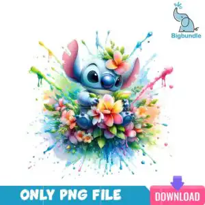 stitchsplashartok_5.png Small blue cartoon alien with large pink ears peeking from pink plumeria flowers with blue paint splashes