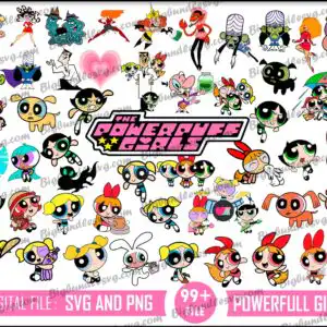 Collage of cartoon superpowered little girls and villains with Powerpuff Girls characters PNG art