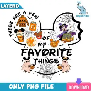 Mouse head silhouette filled with fall Halloween icons and These Are a Few Of My Favorite Things lettering
