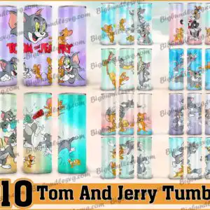 Tom and Jerry cartoon tumbler wraps with Tom the cat and Jerry the mouse on watercolor backgrounds
