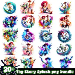 Watercolor Toy Story PNG bundle preview with cowboy and astronaut cartoon figures and paint splash frames