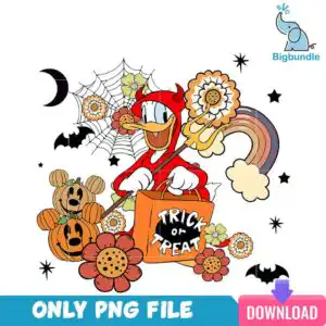 trickortreatdonaldduckhalloween.jpg Cartoon duck wearing red devil costume with horns holding orange trick or treat bag