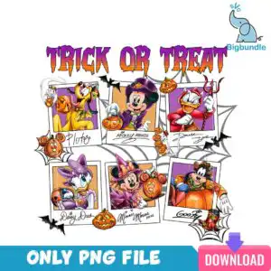 Six costumed cartoon animals in polaroid frames with Trick Or Treat text
