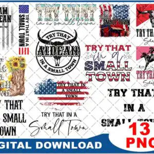 Patriotic Try That In A Small Town bundle preview with longhorn skull and flag graphics
