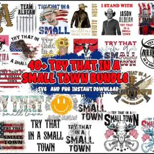 Collage of Try That In A Small Town patriotic graphics with American flag, bald eagle and cowboy hat portrait