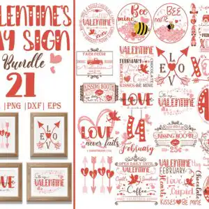 valentine_sdaysignsvg5.99vlt29122207.jpg Collage of Valentine's Day sign designs with red hearts, a red truck, a bee and KISSING BOOTH lettering on white