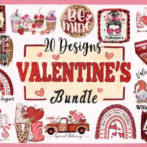 Collage of Valentine designs with trucks, gnomes, hearts and Loads of Love text