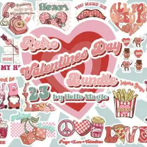 Retro Valentine's Day collage preview with layered hearts, rotary phone, checkered hearts and love lettering