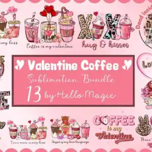 Collage of iced coffee drinks valentine designs with cups, hearts and pink lettering