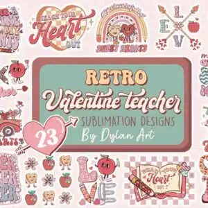 Retro Valentine teacher PNG set with heart faces, apples, truck and groovy lettering