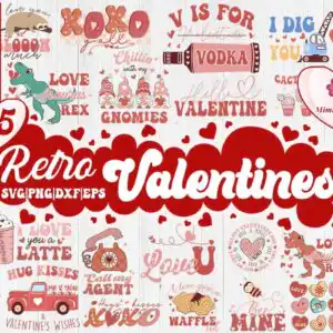 Retro Valentine collage with hearts, gnomes, cassette tape and groovy sayings