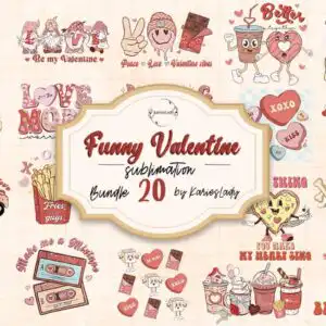 Valentine's Day cartoon collage with gnomes, cherry, pizza, hearts and retro love text