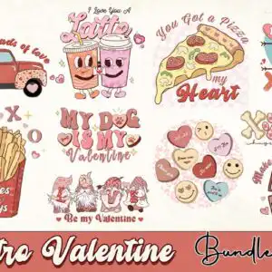 Retro valentine PNG bundle showing pickup truck, pizza slice and Loads of love lettering
