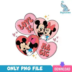 vlt22122307-loveismagicpng.png Four pink and red cartoon hearts with black-eared characters in an embrace, LOVE IT lettering and gold sparkles.
