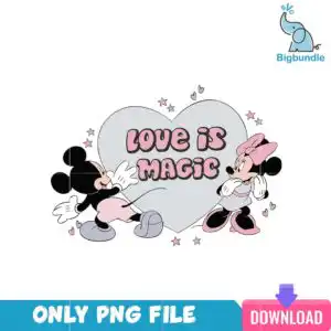 vlt22122310-loveismagicmickeypng.png Black and white cartoon mouse-like figures with pink bows standing either side of a grey heart, with LOVE IS MAGIC in pink