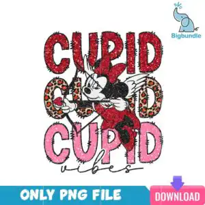 vlt22122323-minniecupidpng.png Minnie Mouse dressed as Cupid holding a bow and arrow, surrounded by stacked CUPID lettering in red and pink