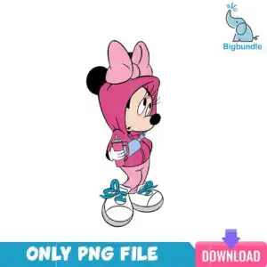 vlt22122348-lovelyminniepng.png Cartoon mouse-like figure with big black round ears, pink bow and pink hooded outfit holding a pink tumbler with blue straw