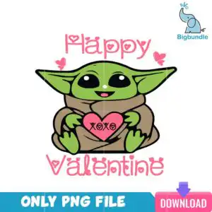 Baby Yoda hugging a pink XOXO heart with Happy Valentine lettering in cartoon style
