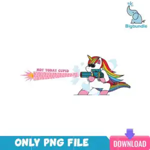 vlt23122333-nottodaycupidunicornpng.png Cartoon unicorn in teal sunglasses firing a pink heart-patterned blast labelled NOT TODAY CUPID