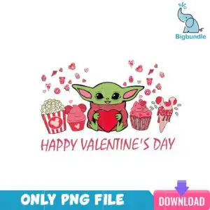 Grogu hugging a red heart, surrounded by Valentine's treats with a Mickey popcorn bucket and pink cupcakes