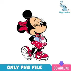Cartoon mouse character with large black ears, red bow, and red polka dress with white stars, holding a pink tumbler