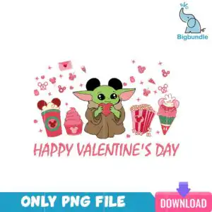 Baby Yoda in Mickey ears holding a red heart, with Valentine's Day treats and the words HAPPY VALENTINE'S DAY